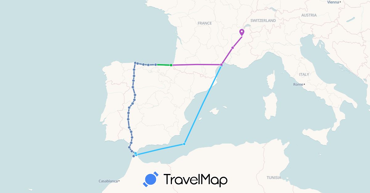 TravelMap itinerary: bus, cycling, train, boat in Spain, France, Morocco (Africa, Europe)